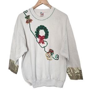 Vintage Christmas Sweater Womens Large White Sequins Beaded Grandmacore Holiday